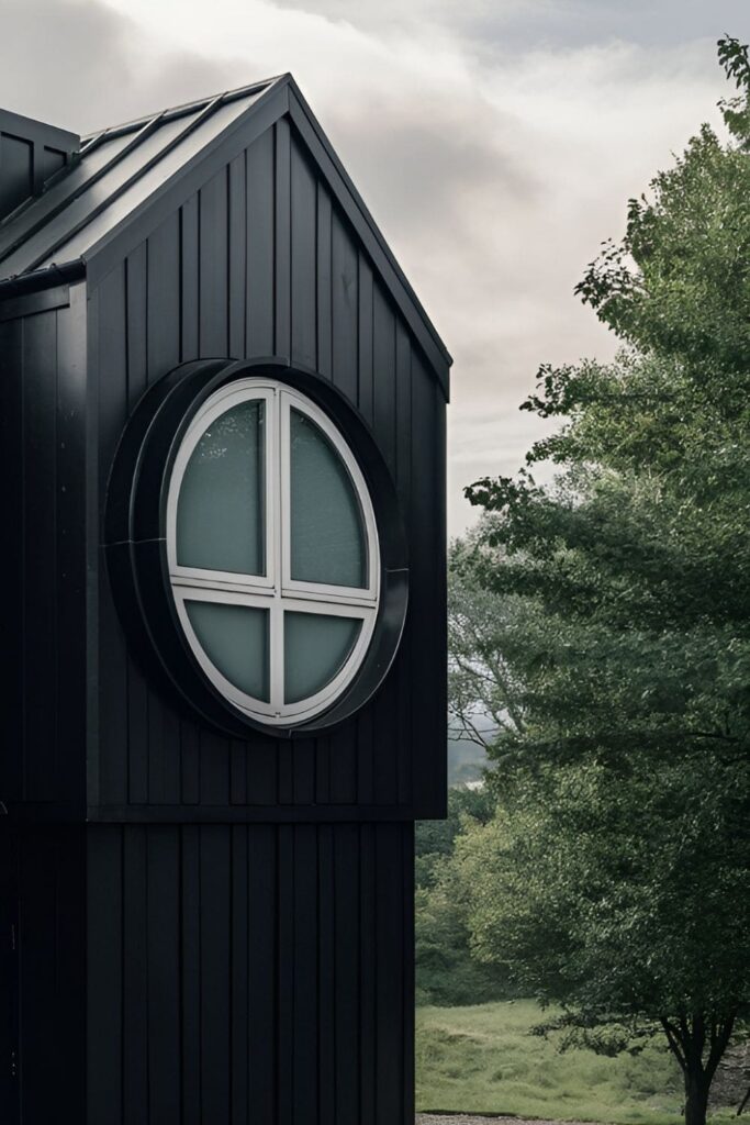 A black house with circular windows adding a playful, architectural contrast