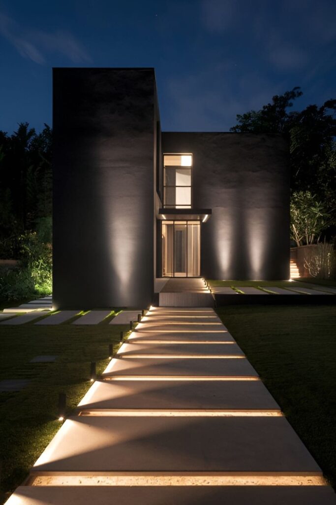 A black house with lighted pathways for a warm, inviting nighttime atmosphere