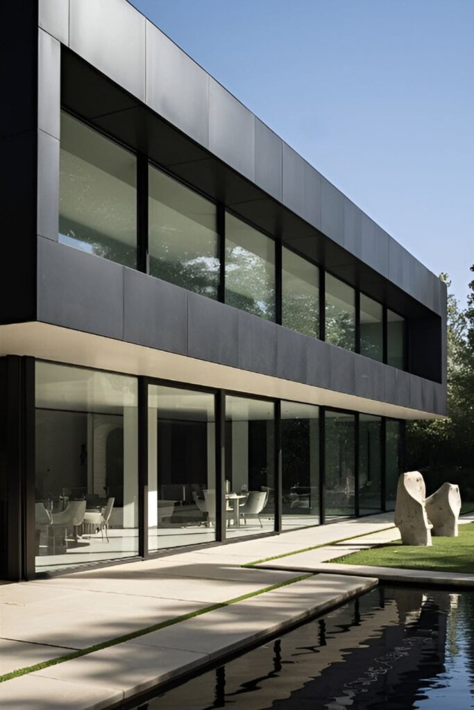 A matte black house with large glass windows creating a sleek, minimalist design