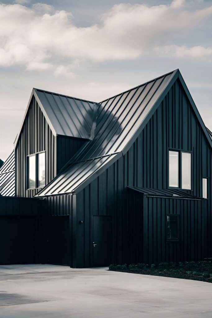 A modern black house with a striking metal roof for an industrial look