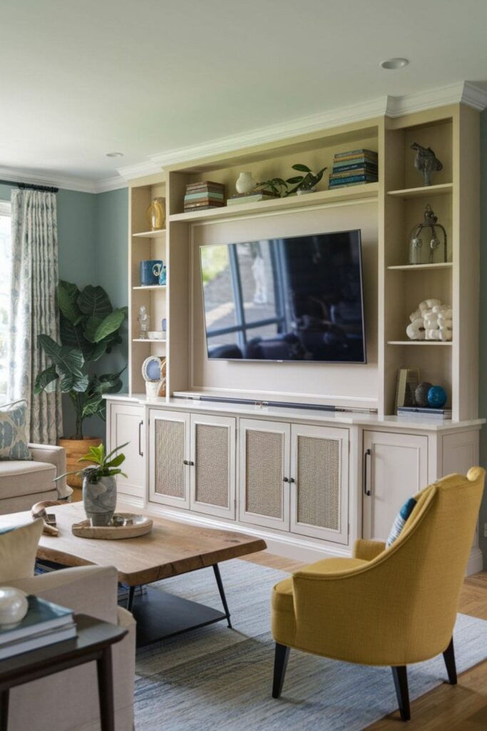 Custom-built console with a hidden lift mechanism for the TV, creating a clutter-free living room