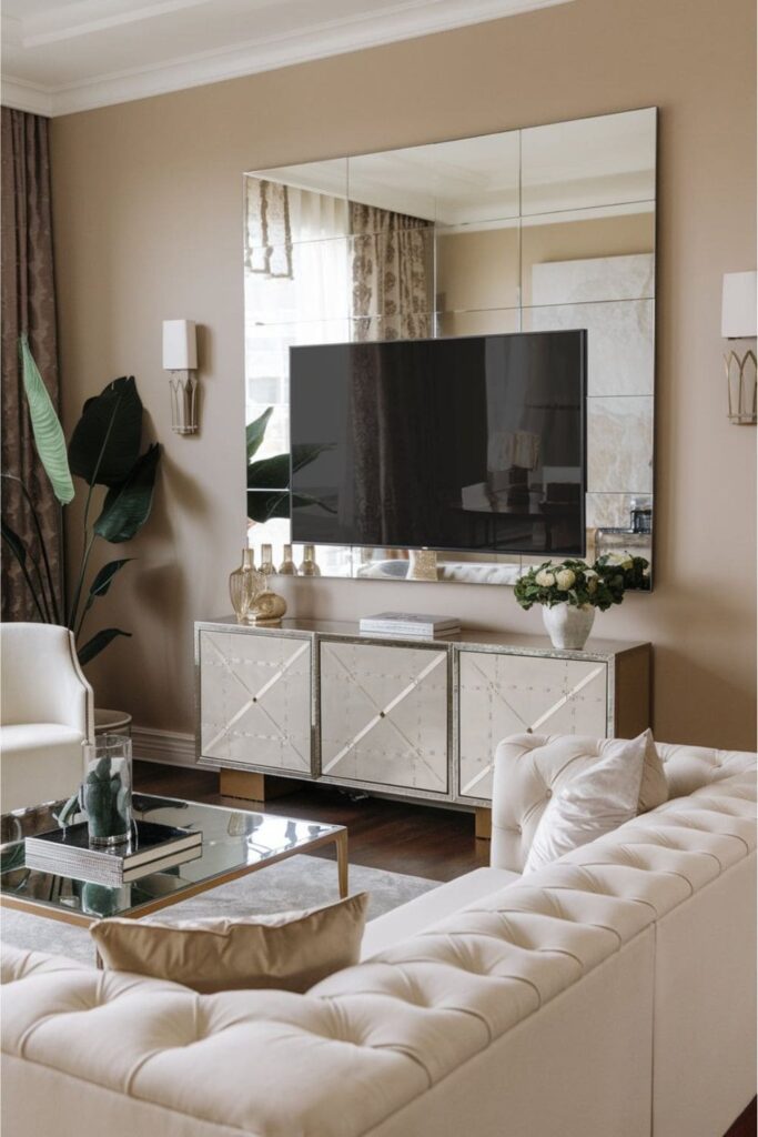 Luxurious living room with a mirror TV above a console, blending seamlessly with elegant decor