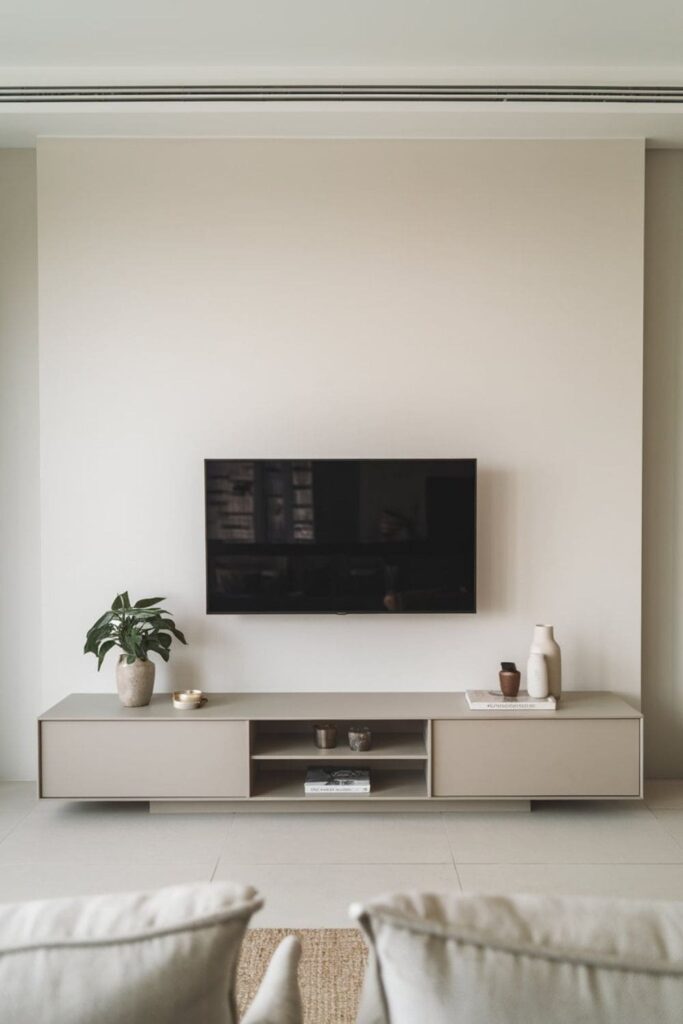 Minimalist living room with a TV mounted on a plain white wall, paired with a simple console and minimal decor for a clean, modern look