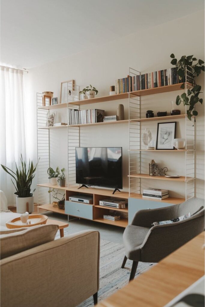 Multi-level media unit with a TV on the middle shelf and decor items displayed on other levels