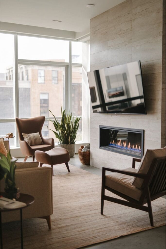 TV angled downward above a fireplace for optimized viewing in a cozy living room setting