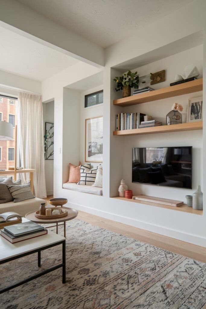 TV installed in a recessed living room nook with floating shelves and cozy decor accents