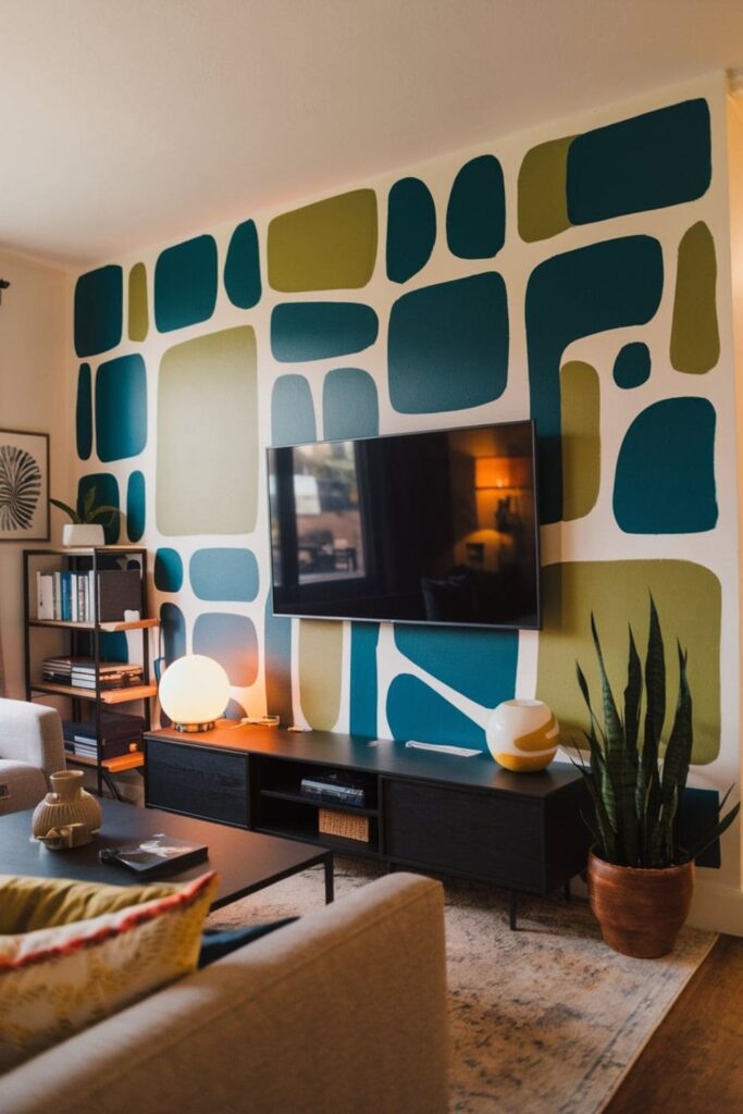 TV mounted on a bold, colorful accent wall in a vibrant living room with playful decor