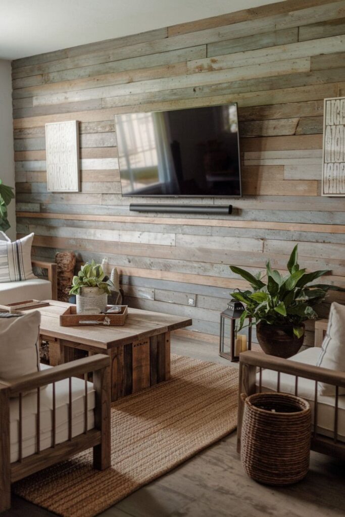 TV mounted on a reclaimed wood wall in a rustic living room with farmhouse-inspired decor