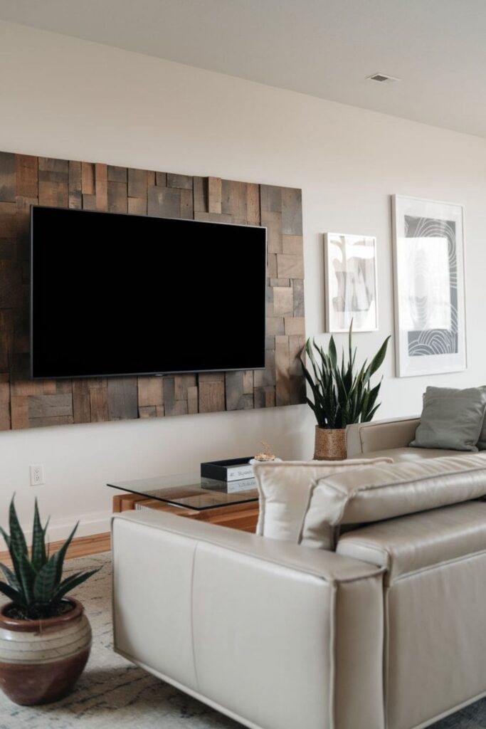 TV on a floating panel backdrop with hidden lighting, adding depth to a modern living room design