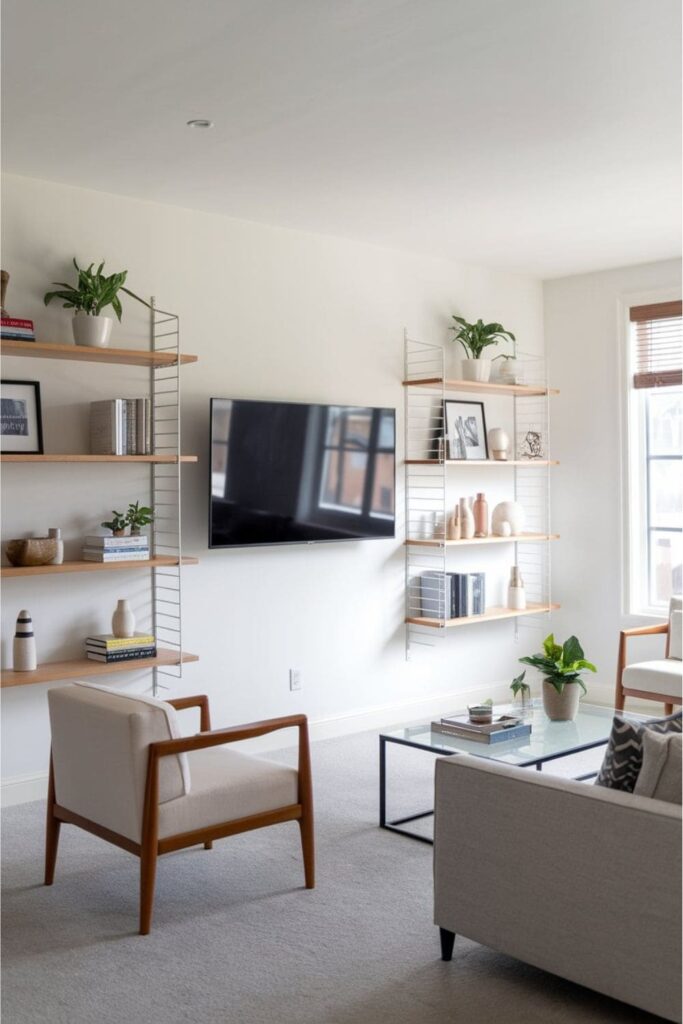 TV surrounded by floating shelves displaying plants, books, and decor in a clean, modern living room