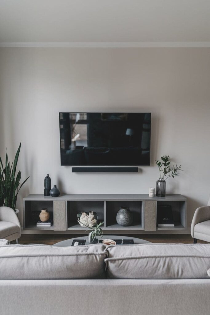 Wall-mounted TV positioned above a low cabinet in a minimalist living room with neutral colors