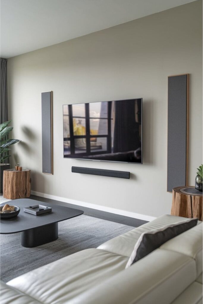 Wall-mounted TV with hidden speakers integrated into modern furniture in a sleek living room