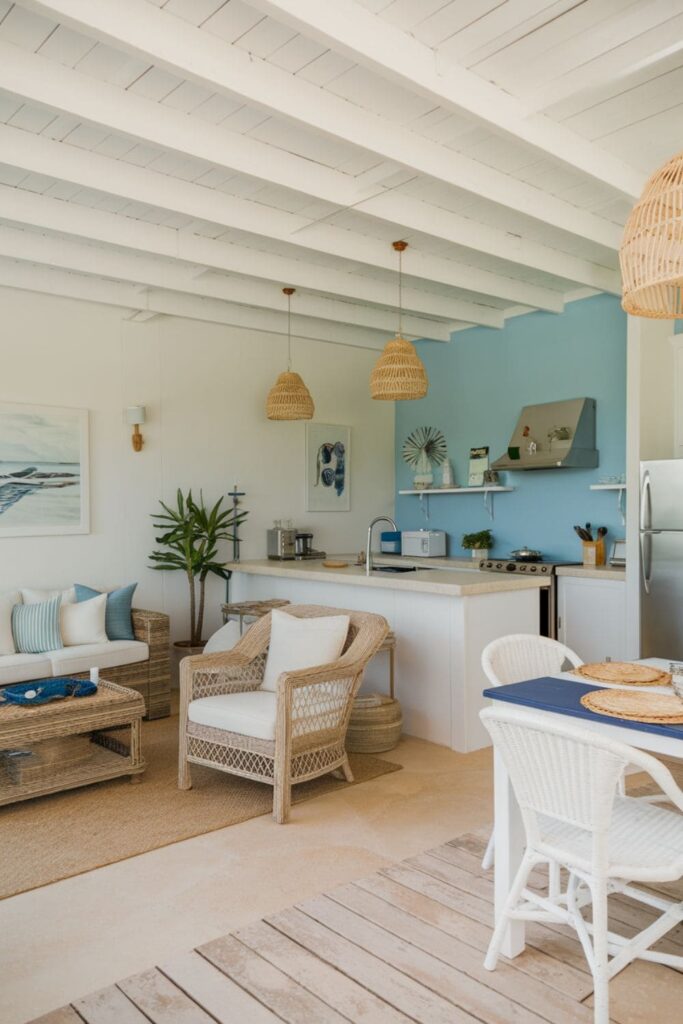 A breezy coastal-inspired living room and kitchen decorated with light blue accents, wicker furniture, and nautical decor, creating a refreshing seaside atmosphere