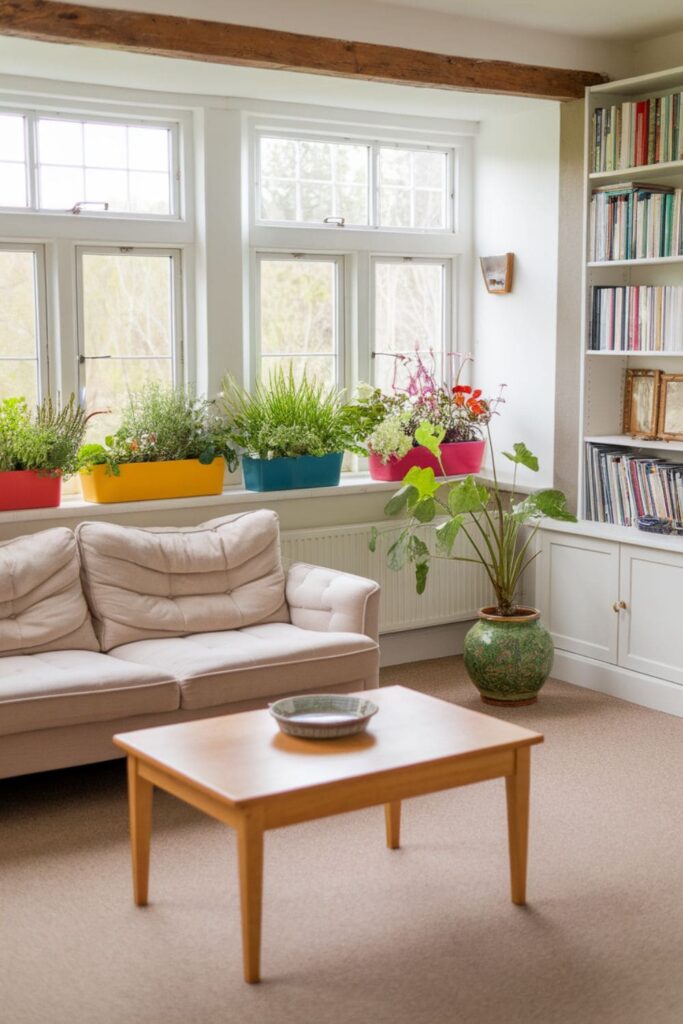 A bright living room showcasing colorful window boxes on the windowsill filled with herbs and flowering plants