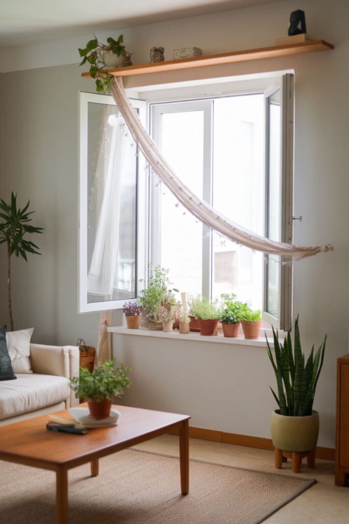 A bright window sill garden lined with small pots of herbs and succulents, maximizing natural light in the living room