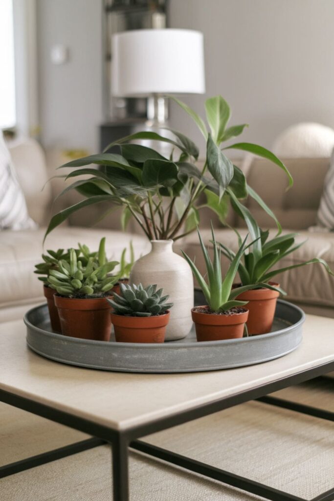 A chic coffee table decorated with a large tray holding several small potted plants, inviting guests to engage with greenery