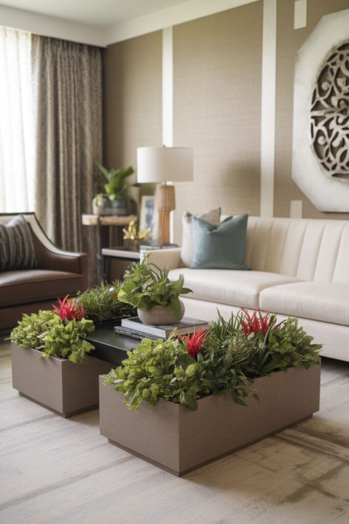 A contemporary living room featuring a coffee table with built-in planter boxes filled with vibrant greenery and flowers