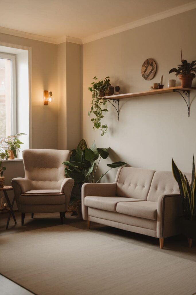 A cozy living room adorned with climbing plants like philodendrons on trellises, adding vertical interest to the decor