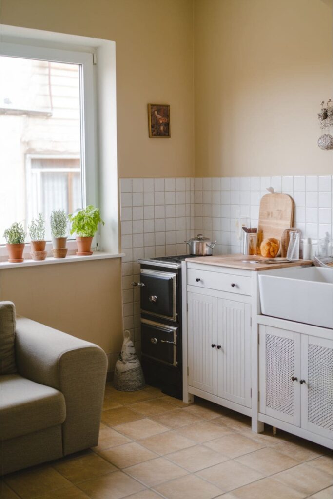 A functional kitchen corner in the living room featuring an indoor herb garden with small pots of basil, rosemary, and thyme