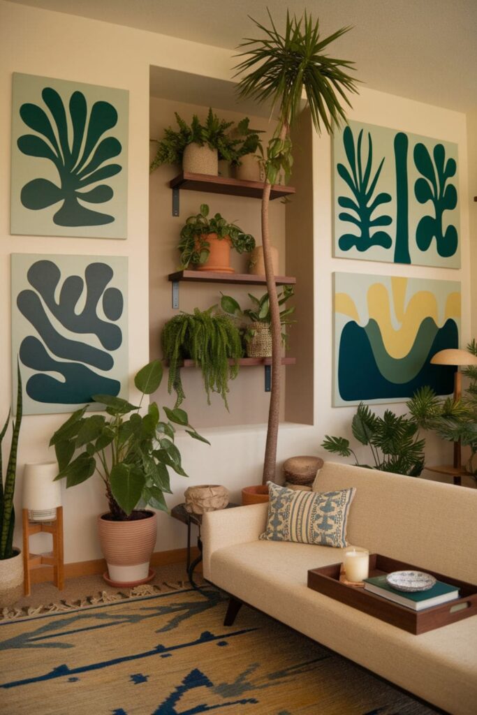 A harmonious living room combining nature-inspired artwork on the walls with real plants nearby for a cohesive theme