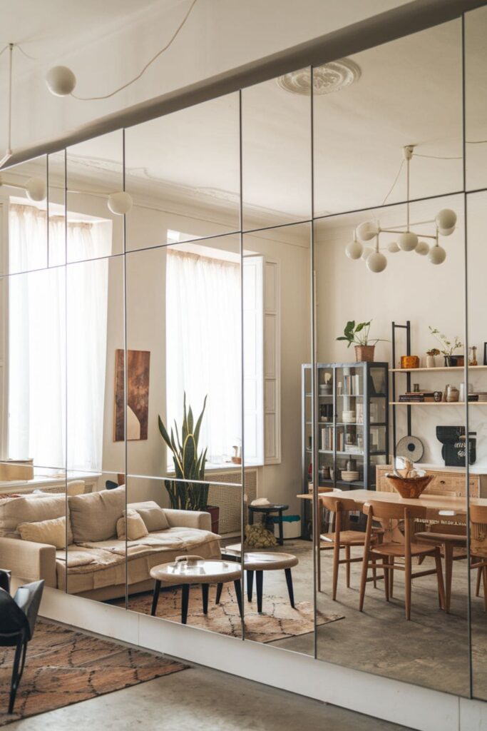 A living room-kitchen area enhanced by mirrors that create the illusion of more space; reflective surfaces on cabinets amplify natural light throughout the area