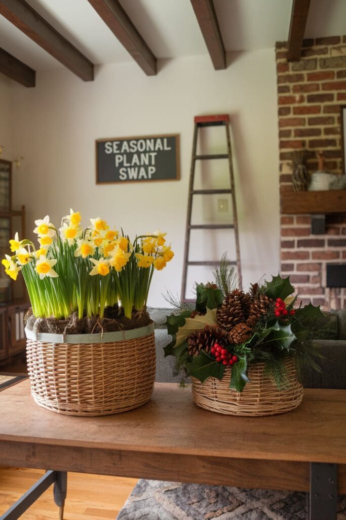 A living room showcasing seasonal plant swaps, featuring bright daffodils for spring and evergreen arrangements for winter