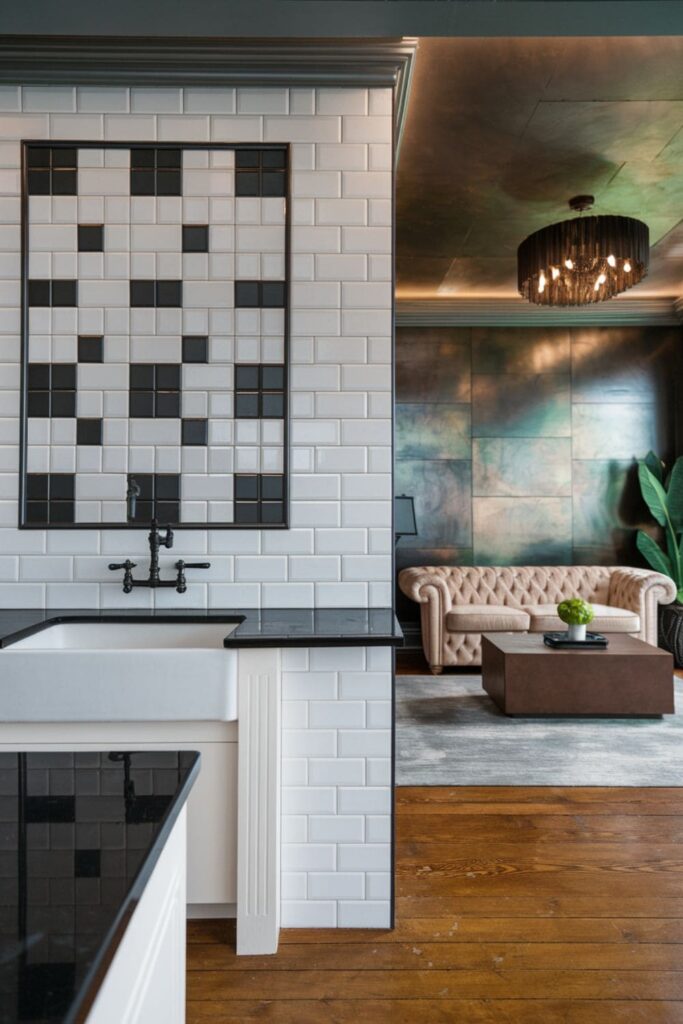 A luxurious living room featuring plush fabrics and dramatic lighting paired with a modern kitchen backsplash adorned with bold geometric patterns for an upscale look