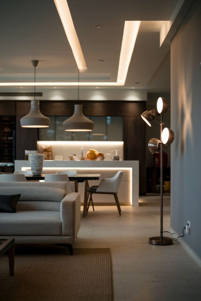 A modern open-plan living room and kitchen showcasing layered lighting with pendant lights, under-cabinet lighting, and stylish floor lamps that enhance depth and sophistication