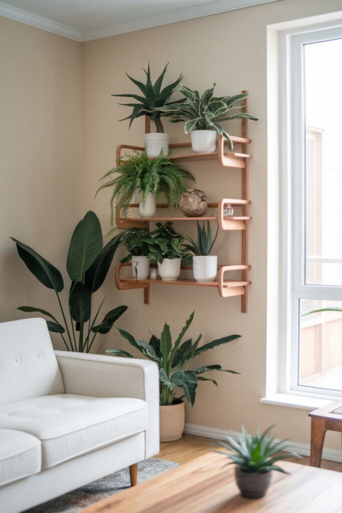 A multi-tiered plant shelf in a stylish living room displaying various plants at different heights to maximize vertical space