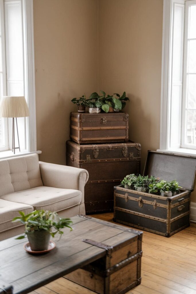 A rustic living room with repurposed vintage trunks used as planters filled with small plants for a charming touch