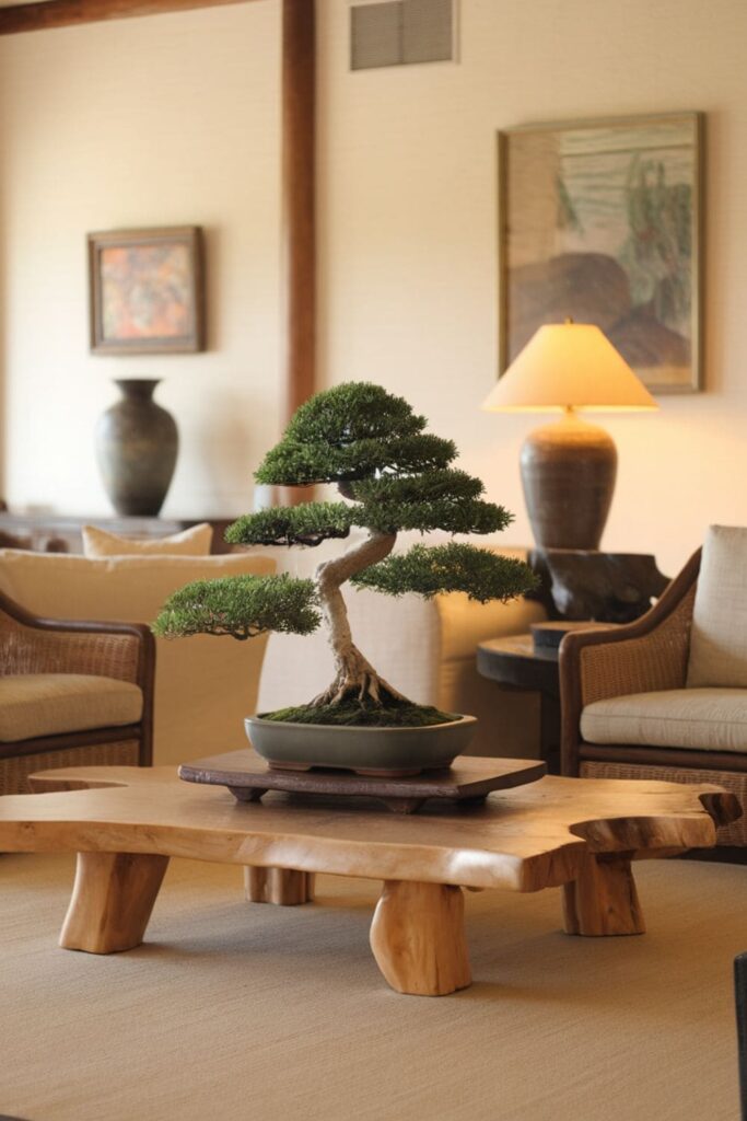 A serene living room highlighting a beautiful bonsai tree as a centerpiece on a low table, showcasing its unique craftsmanship