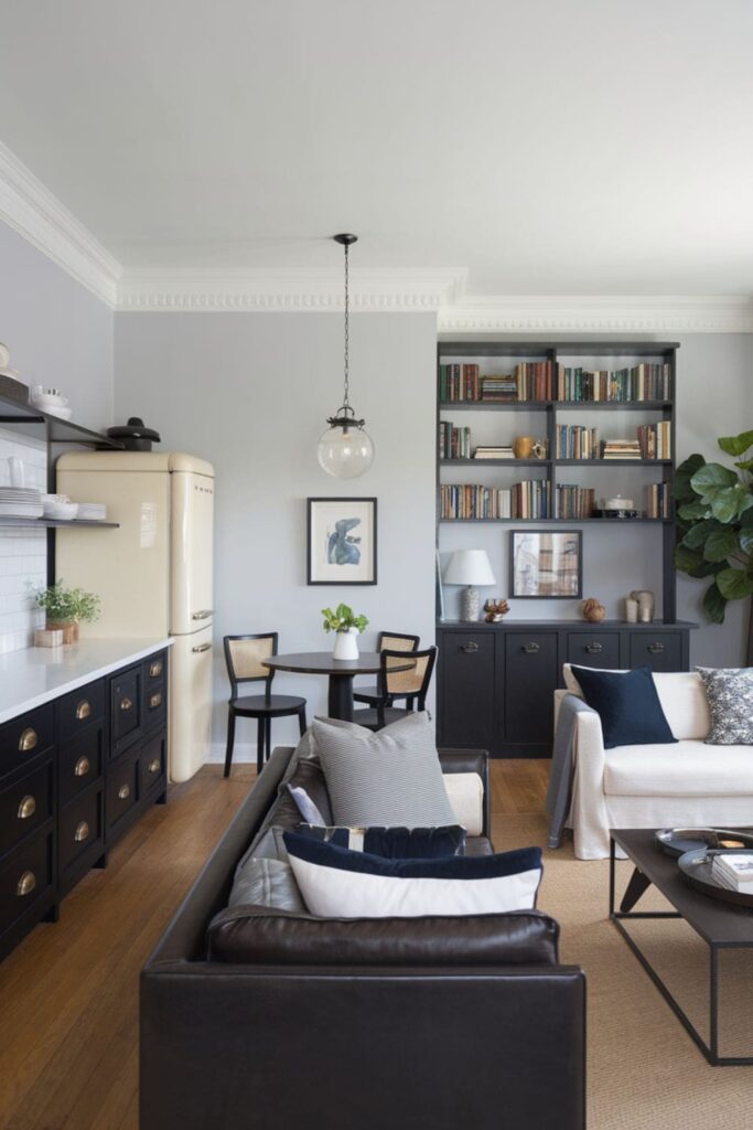 A sleek kitchen with black lower cabinets and white countertops alongside a matching dark-furnished living room decorated in mid-century modern style for retro charm