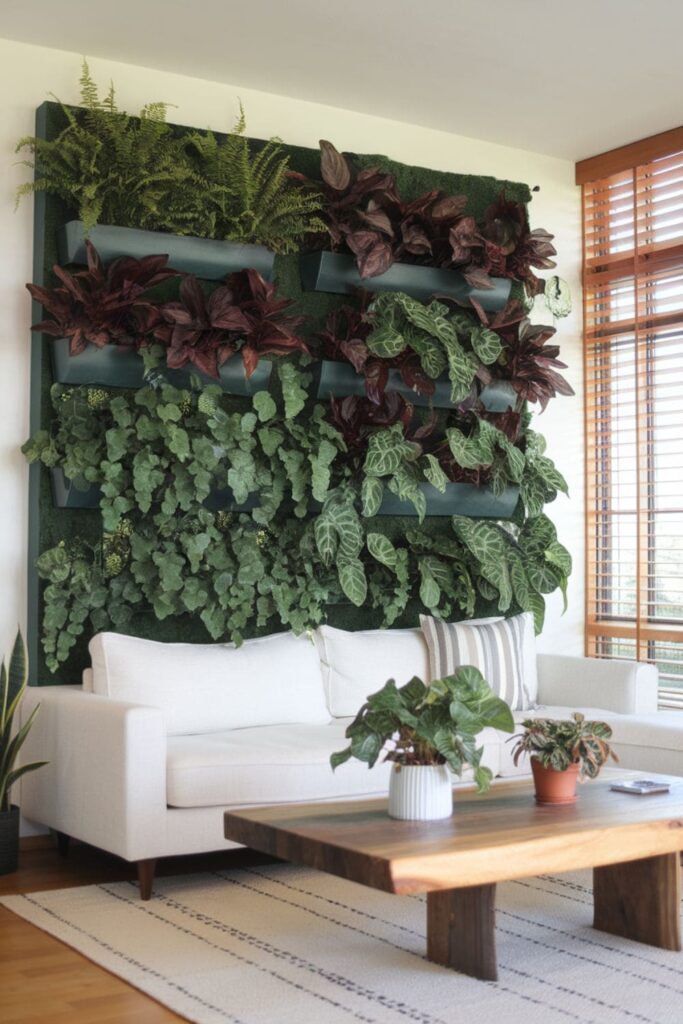 A stunning living room with a green accent wall made of vertical planters filled with lush ferns and philodendrons