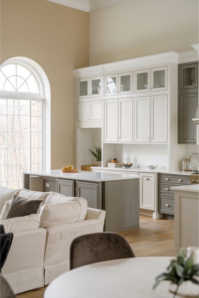 A stylish kitchen-living combo showcasing two-tone cabinetry with darker lower cabinets paired with lighter upper ones to add depth and character to the design