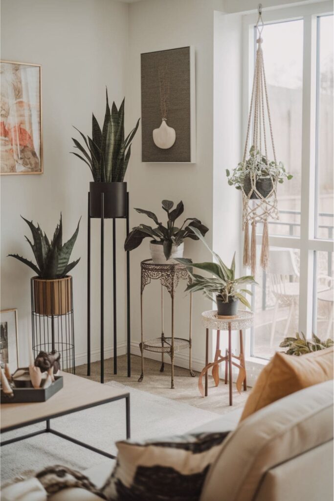 A stylish living room with decorative plant stands in various styles, displaying plants at different heights for visual interest