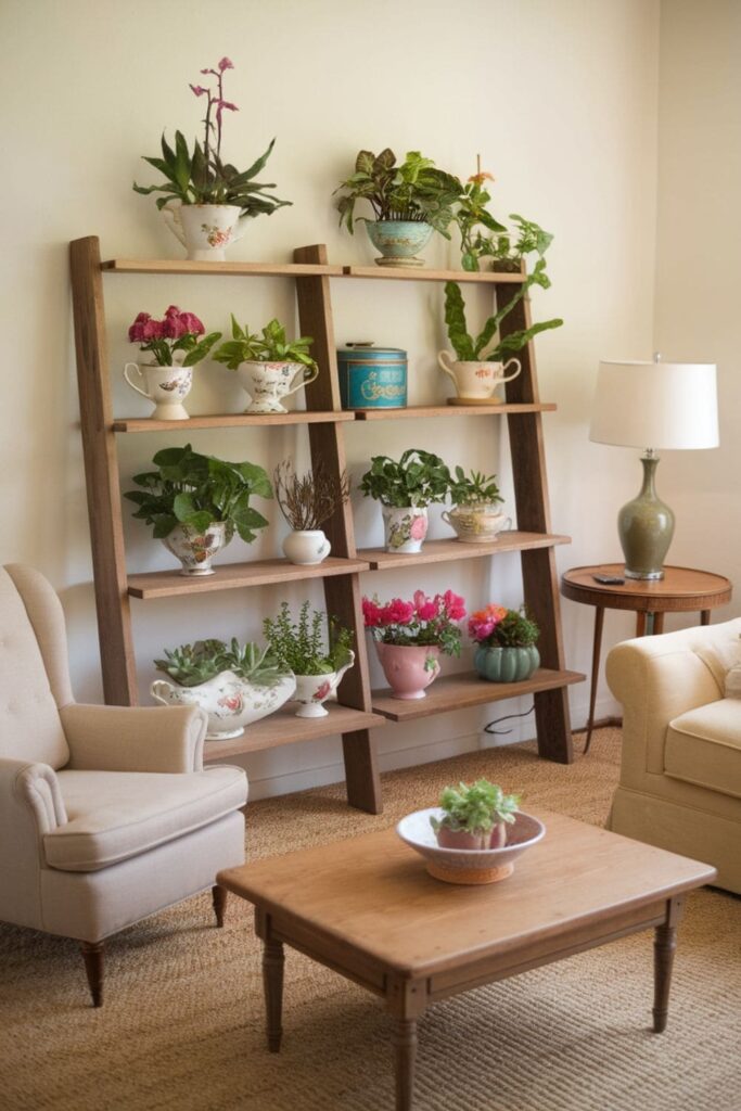 A whimsical living room featuring playful plant arrangements in quirky containers like teacups and vintage tins