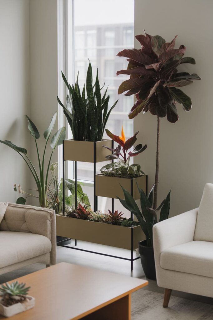 An eye-catching display of multi-tiered plant stands in a modern living room arranged with various plants at different heights