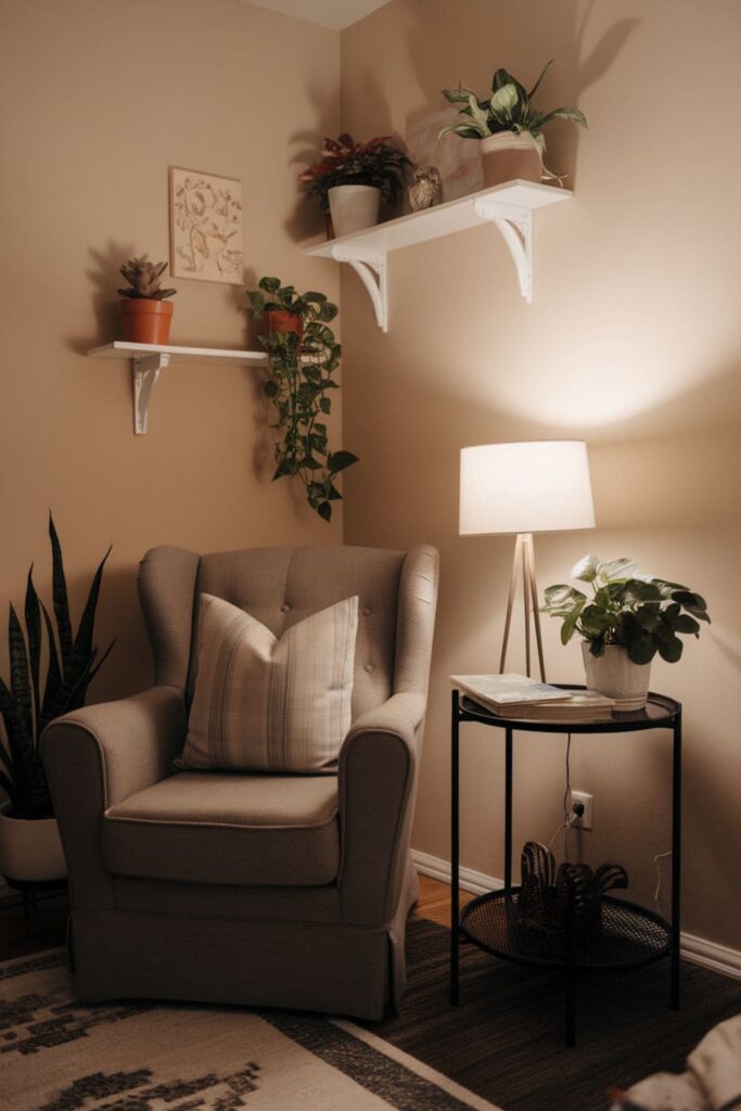 An inviting reading nook in a cozy corner of the living room surrounded by various potted plants and comfortable seating