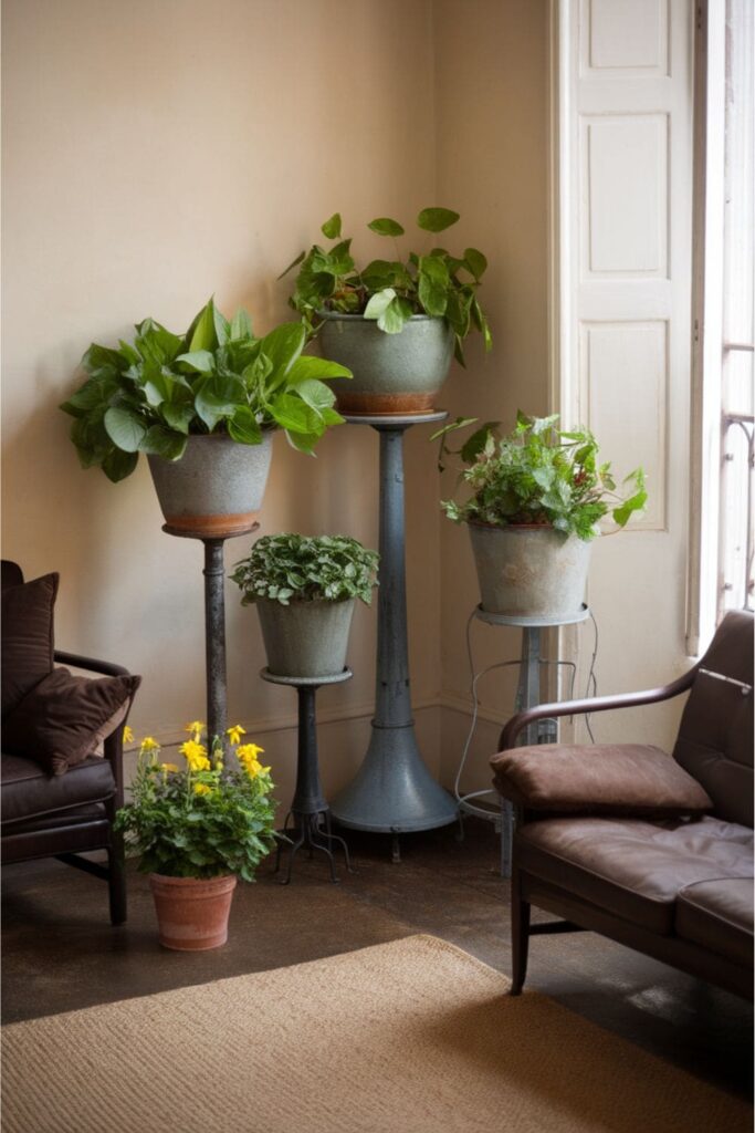 An old-world charm living room adorned with vintage plant stands showcasing vibrant greenery at varying heights