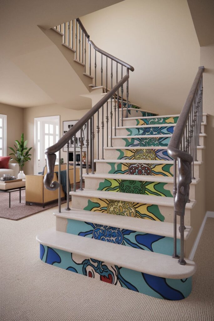 Artistic staircase with custom-made steps featuring intricate carvings and bold colors, serving as a focal point in the living room