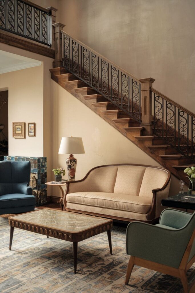 Charming vintage-style living room featuring a reclaimed wooden staircase with ornate iron railings and retro furnishings