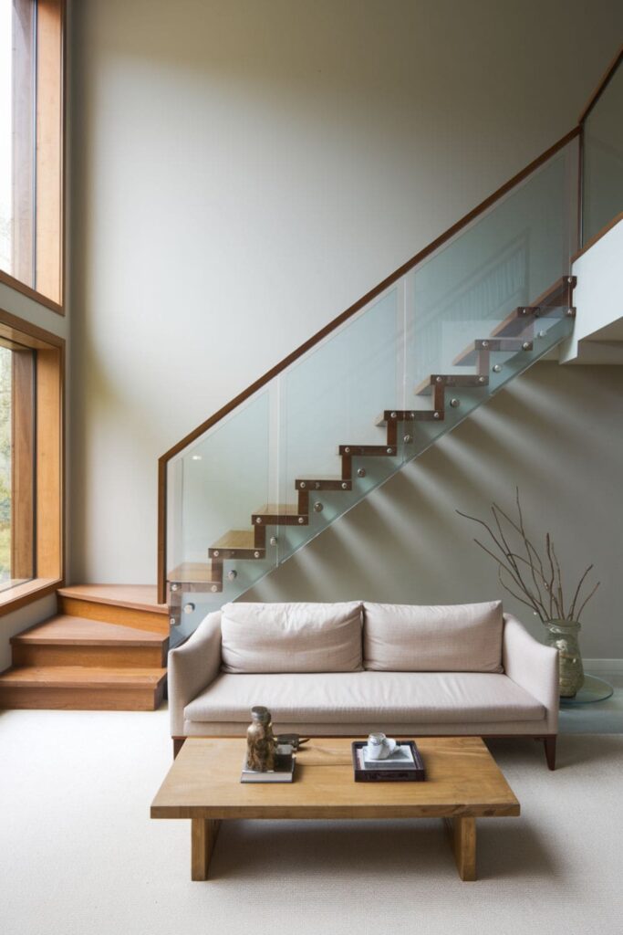 Contemporary living room with open tread stairs that allow light to flow through, complemented by sleek modern furniture