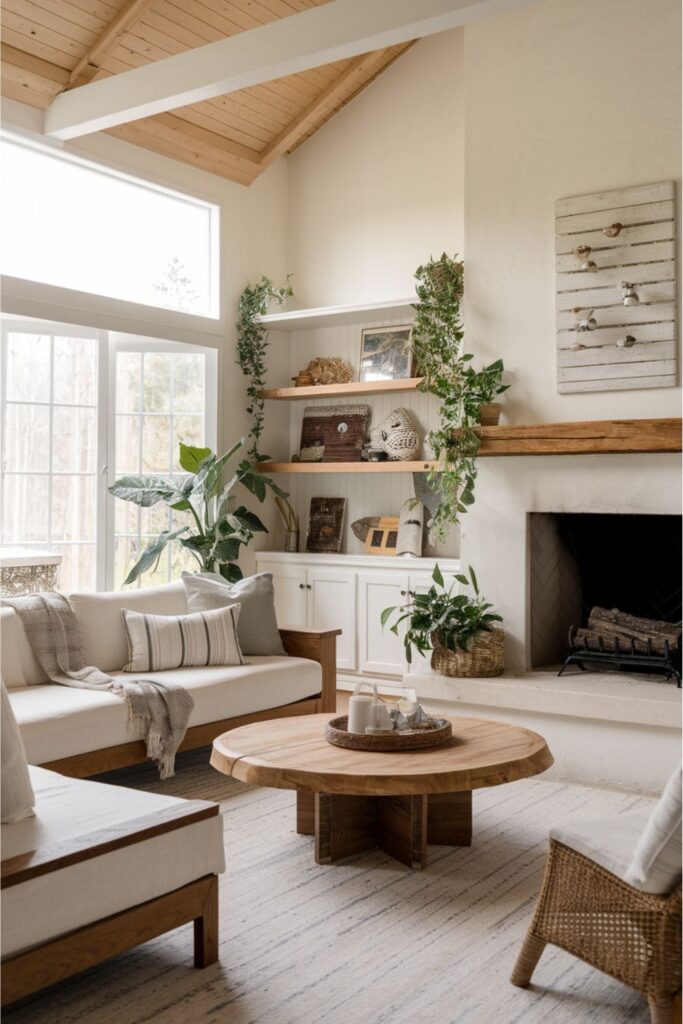 Cozy farmhouse-style living room with a sectional made from natural materials like wood and linen, emphasizing warmth and comfort