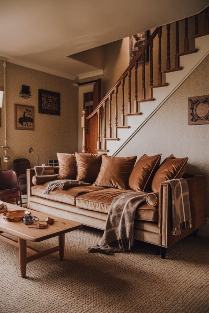 Cozy living room adorned with plush velvet cushions and woven throws, enhancing comfort near a stylish staircase