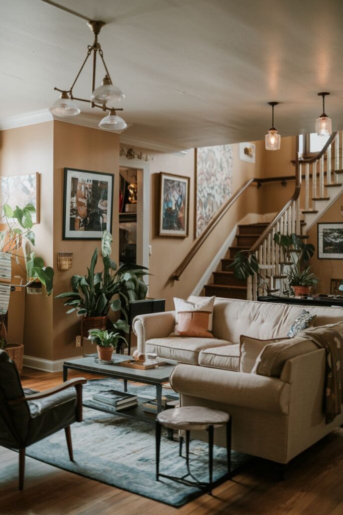 Cozy living room illuminated by vintage lighting fixtures like chandeliers or pendant lights that enhance the overall aesthetic near the stairs