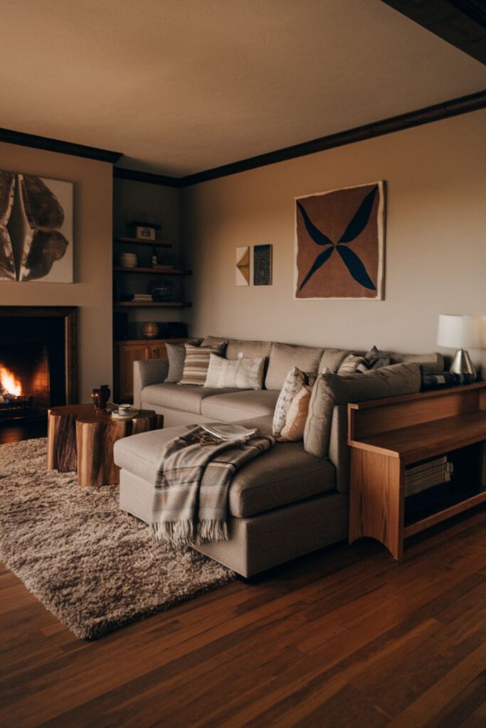 Cozy living room with a sectional placed near a warm fireplace, creating a welcoming atmosphere with soft lighting