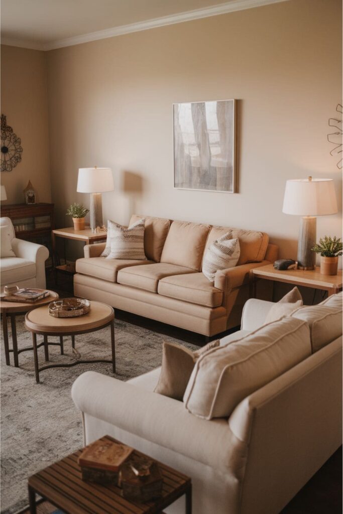 Cozy side tables next to sofas adorned with small potted plants, adding life to functional furniture in the living room