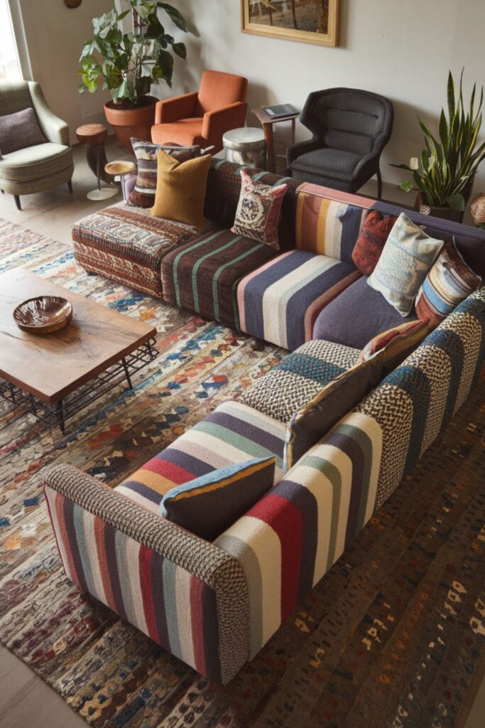 Eclectic living room scene showcasing a uniquely styled sectional that combines various patterns, colors, and textures for individuality