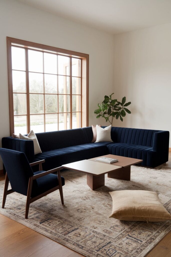 Eye-catching living room showcasing a bold-colored sectional sofa in emerald green, serving as the focal point against neutral walls