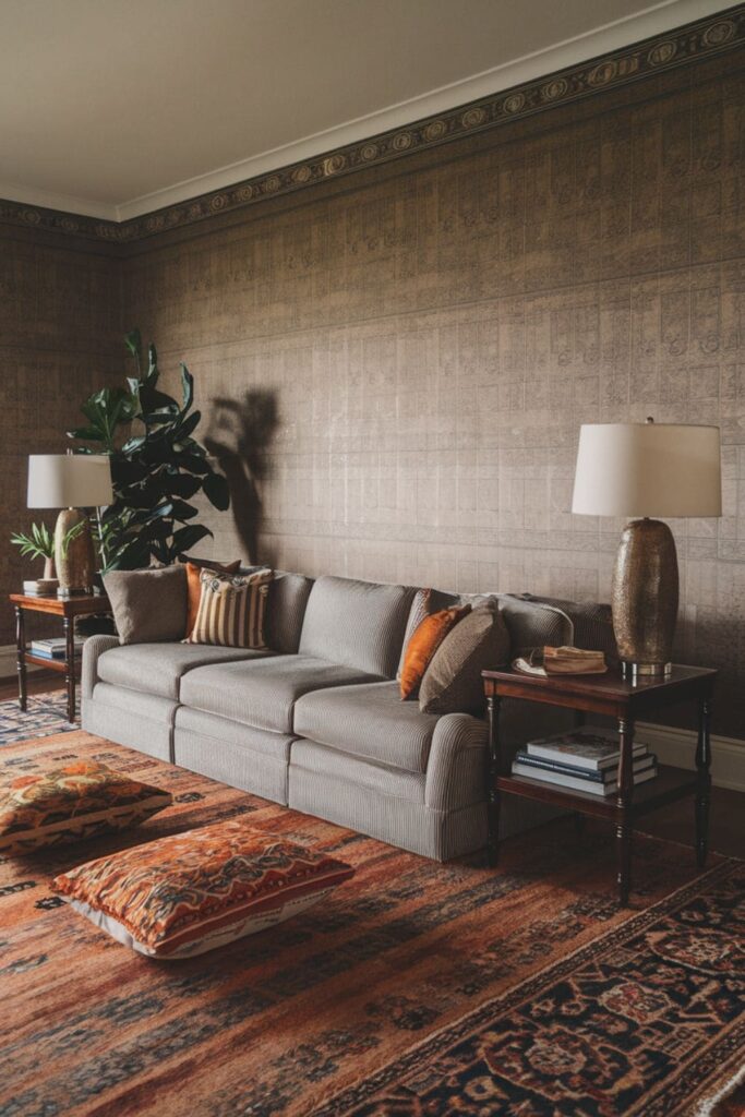 Functional living room that includes side tables integrated into the sectional arrangement for easy access to drinks and snacks during gatherings